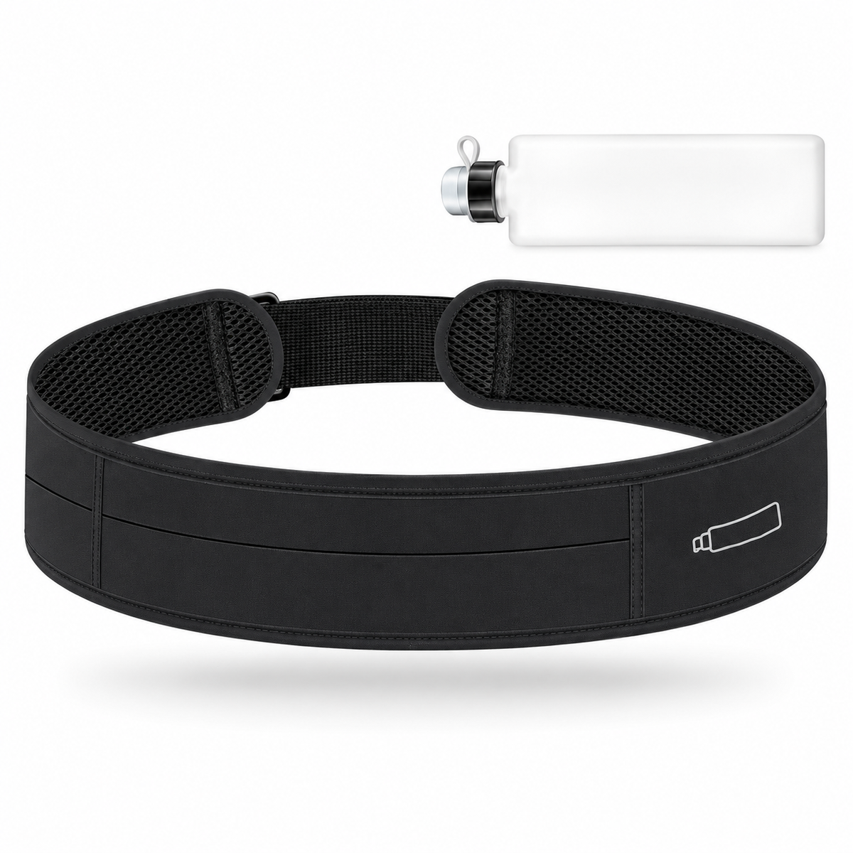 Black Sorvia running belt with included slim bottle on a white background