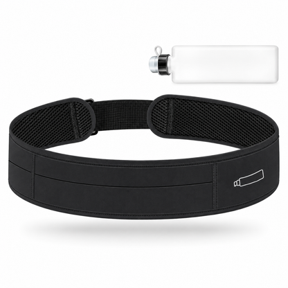 Black Sorvia running belt with included slim bottle on a white background